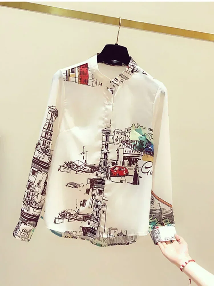 Spring Autumn Women's Blouse Retro Hong Kong Style Printed Shirt New Stand-up Collar Loose Long Sleeve Shirts Tops LL528