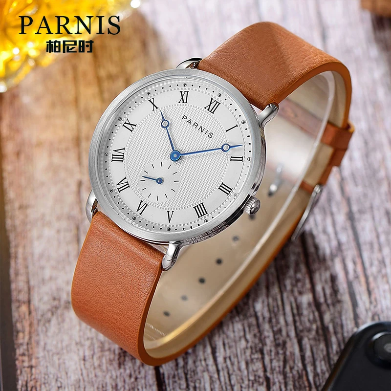 Parnis 40mm Miyota Quartz Movement Men\'s Casual Watch Small Second Leather Band