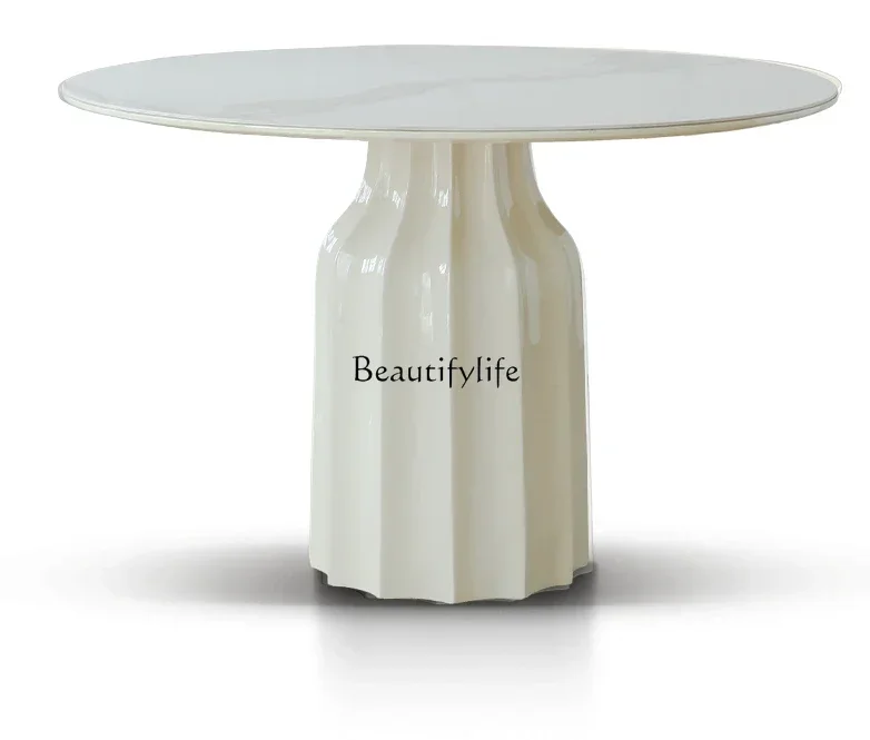 

LJY*Light French retro cream wind rock slab round dining table small apartment dining table