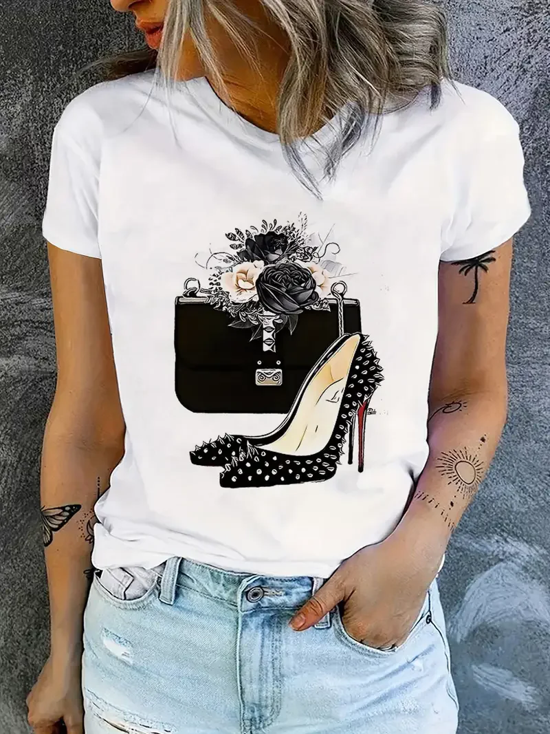 

Plus Size 1XL-5XL 90s High Heels Print Short Sleeve Printed T Shirt Women's T-Shirt Harajuku Graphic Clothing Women's Top Tee