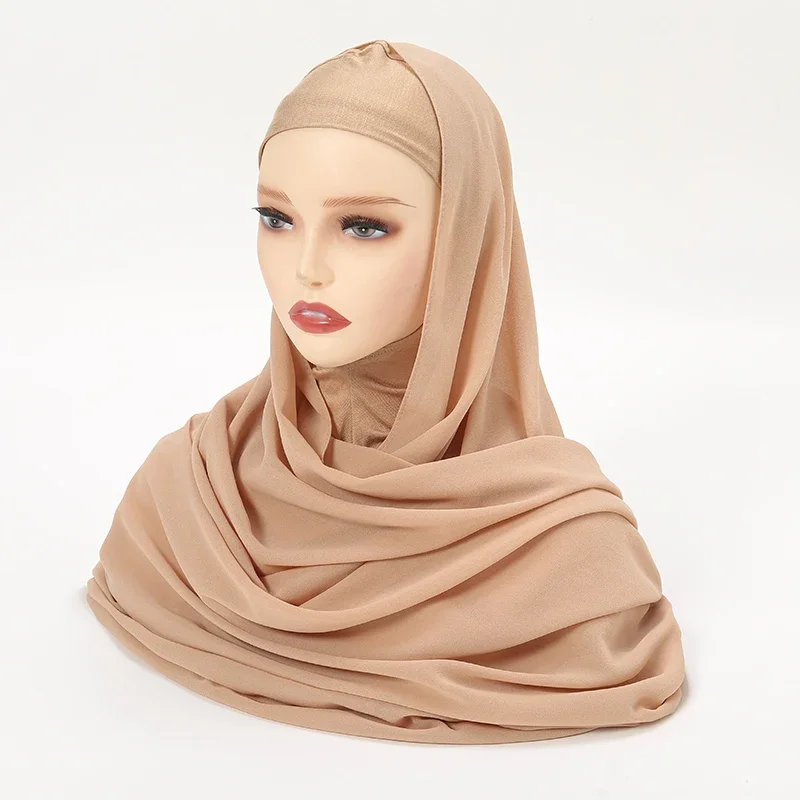 Solid Chiffon Hijab With Hijab Undercap Muslim Women Chiffon Shawl Neck Cover Cotton Jersey Caps 2pcs/Set Headband 180*90cm