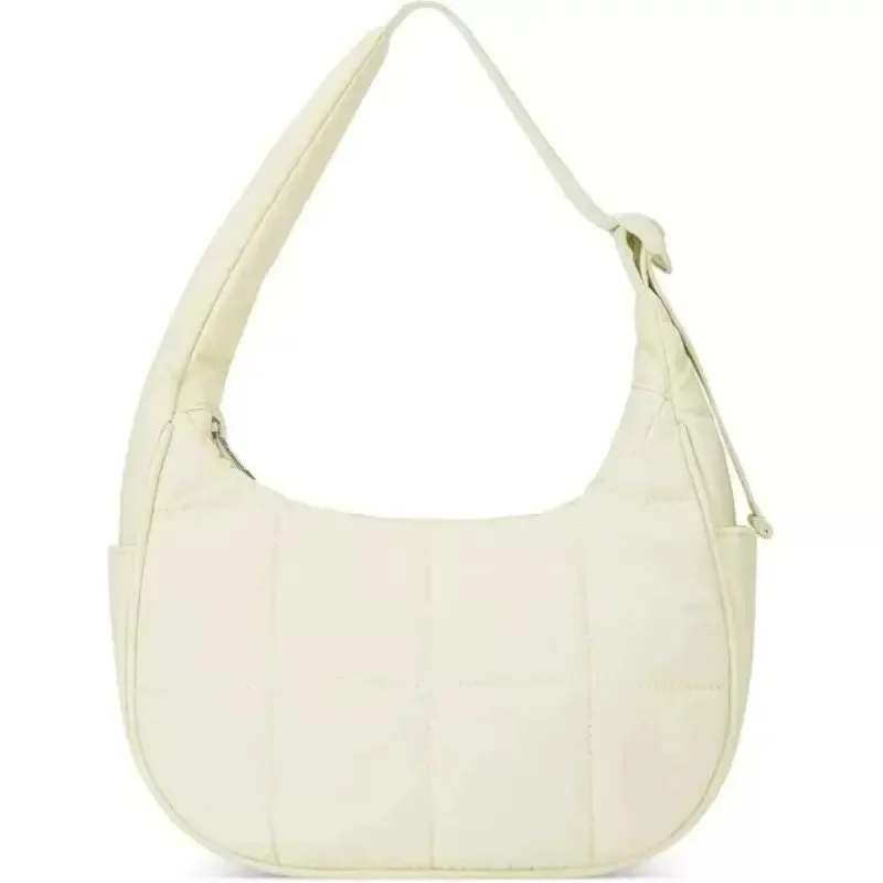 Cream Quilted Crescent Hobo Shoulder Bag Lightweight Nylon Sling Bag Adjustable Strap Casual Daily Crossbody Handbag with Side Pockets for Women