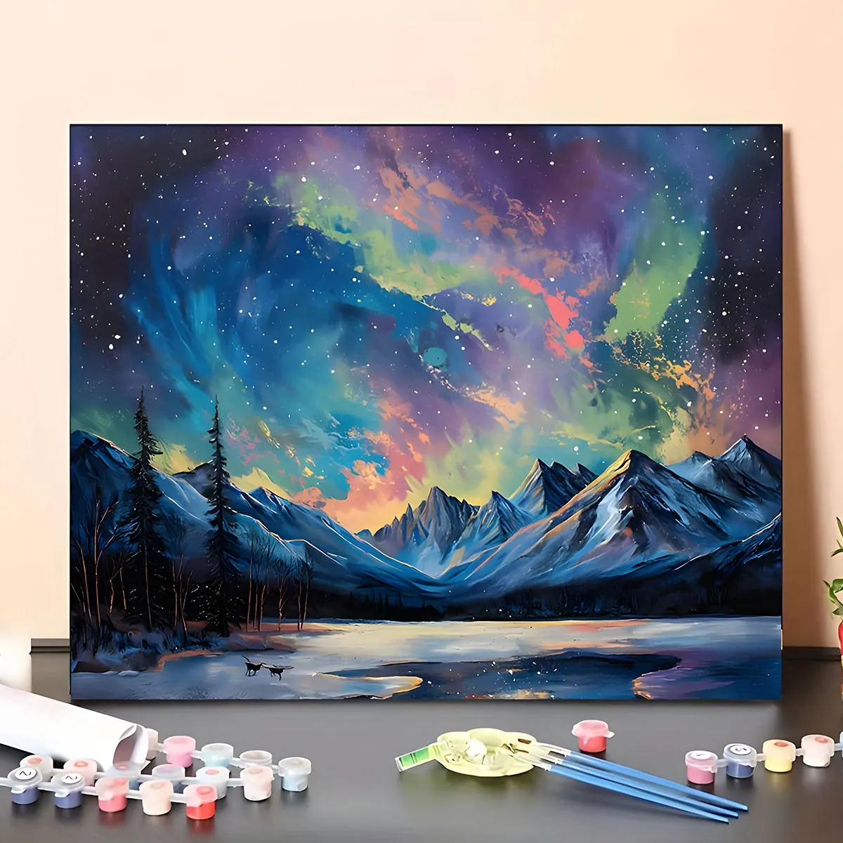 Professional Art Use Adult Canvas Painting Kit Featuring a Digital Oil Painting of The Northern Lights, Complete with Acrylic Paints And Brushes, Unframed And Sized 16X20 Inches - Unleash Your Creativity with Vivid Colors And Intricate Designs