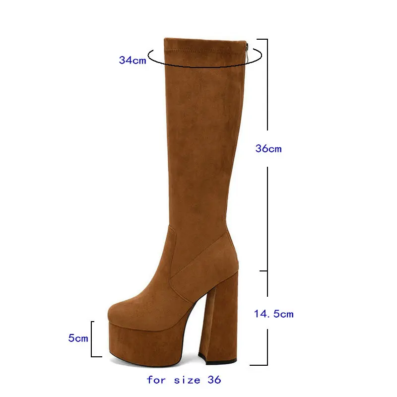 Plus Size 43 Platform Square High Heel Ladies Knee High Boots Faux Suede High Quality Round Toe Dress Female Boots Black Brown