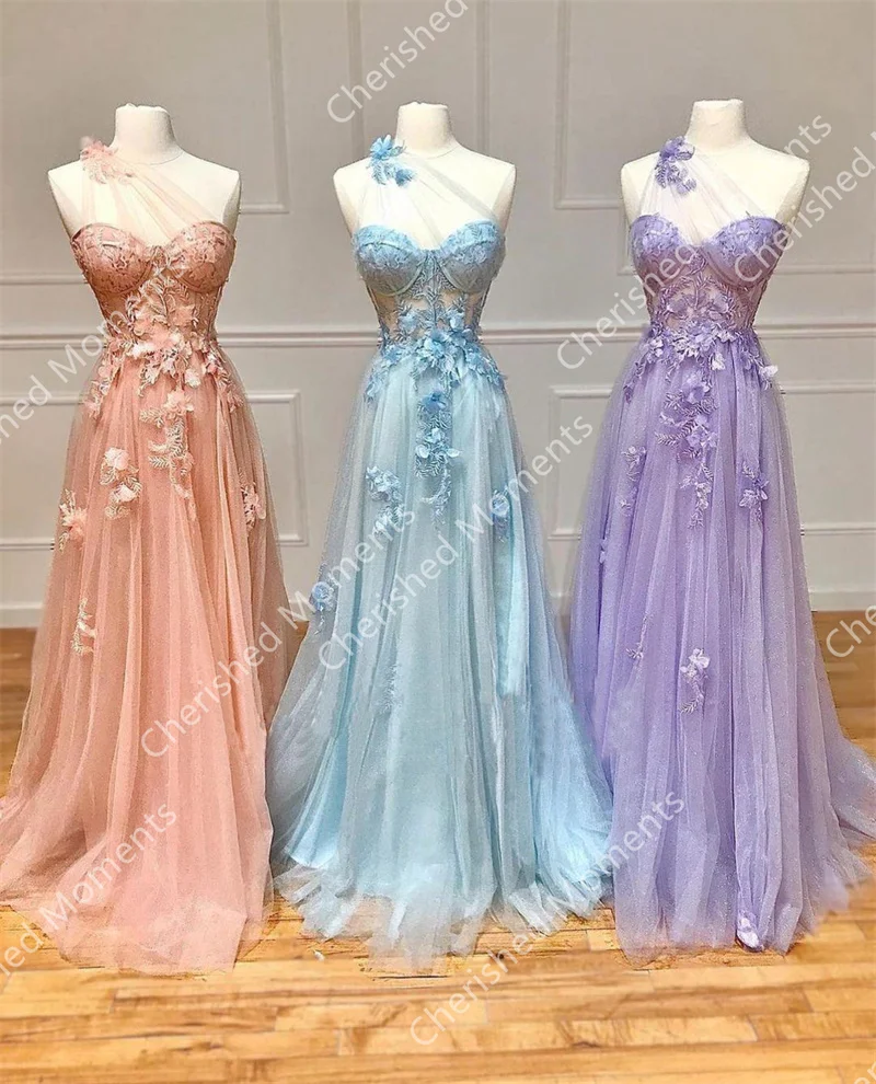 One Shoulder Prom Dress Tulle A-Line Sweetheart Neck Sleeveless Transparent Top Elegant Formal Evening Dresses Party Gown فساتين