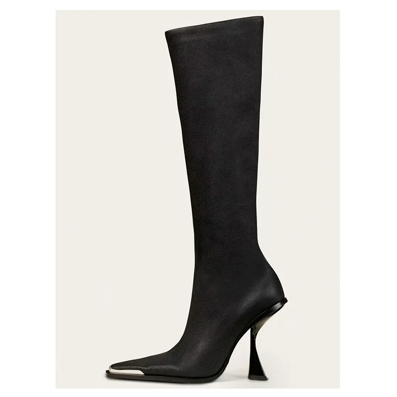 

Minimalist Black Leather Pointed Toe Knee-High Boots Slim Stiletto Heel Sock Women's Boots Stylish Office & Daily Work Footwear