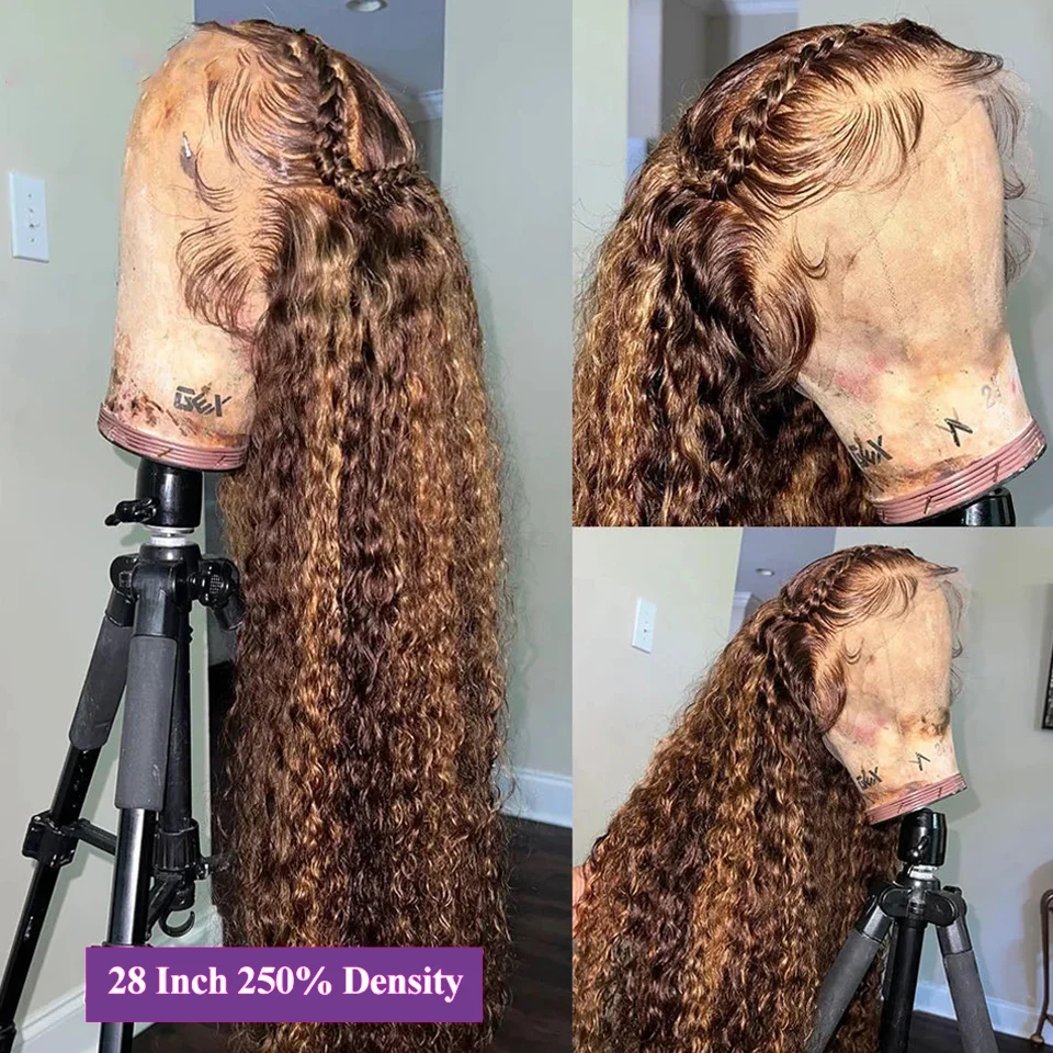 Deep Water Wave peruca de cabelo humano, encaracolado destaque peruca, Glueless Lace Frontal perucas, mel loira, 13x4, 13x6, 30 ", 40"