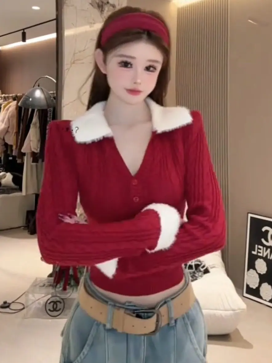 Maglione lavorato a maglia coreano Sle Long Sve da donna autunno inverno colletto con patta rosso con cintura ort Top caldo e confortevole da indossare ogni giorno
