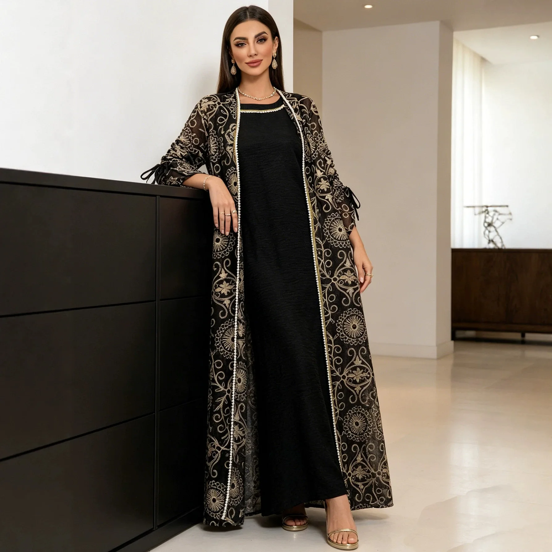 

2-piece Set With Embroidered Mesh Fabric, Embroidered Patchwork, And Ribbon Belt Robe Abaya Ramadan Dubai Luxury Islam Elegant