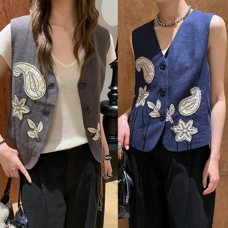 

【Бесплатный подарок】Льняной жилет с вышивкой пейсли, бахромой и полосками, V-образный вырез, коллекция «Ранняя весна 2026» | Удобный универсальный топ без рукавов