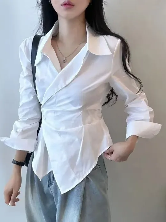 

White Slim Fit Women's irt Korean Design Spring 2025 New Sle Asymmetrical Waist-Cinching Striped Top Casual Long Sve