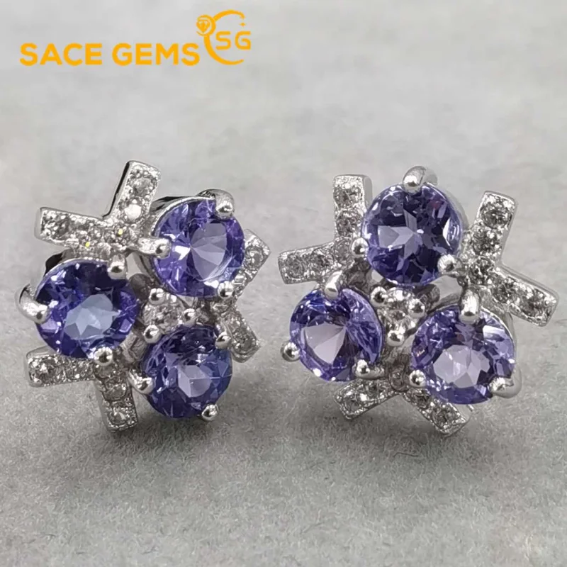 

SACE GEMS Fashion Earrings for Women 925Sterling Silver 4MM Tanzanite Stud Earrings Engagement Cocktail Party Fine Jewelr Gift