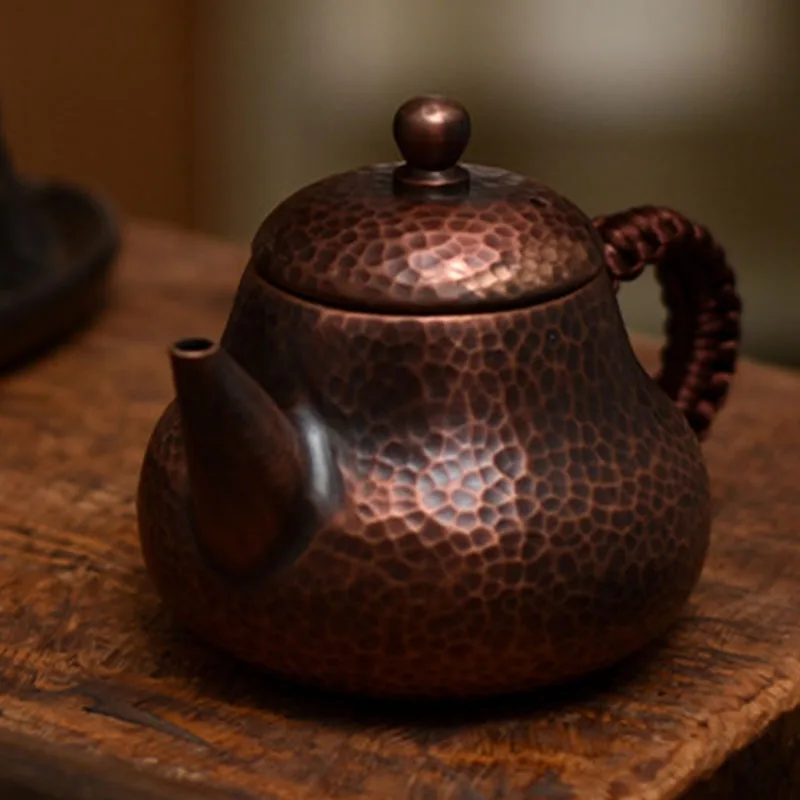 200ml Pure Copper Teapot with anti-scratching handle, handcrafted hammering pattern, suitable for both household and outdoor use