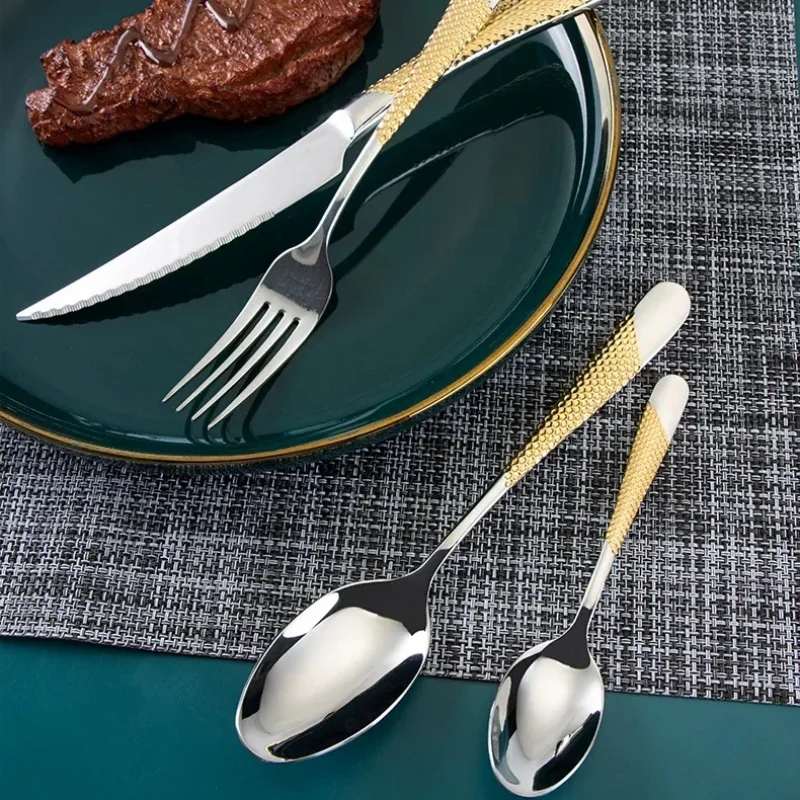 Stainless Steel Steak Knife Fork Spoon Set 304 Kitchen Flatware 4 Piece Dinnerware Gift for Home Restaurant Hotel Silver