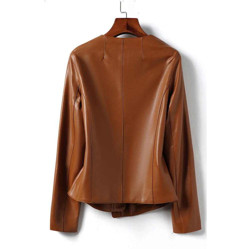 Nova Jaqueta Feminina de Couro Sintético para Primavera e Outono, Moda com Decote Redondo, Manga Longa, Assimétrica, Slim, Casaco Curto Casual