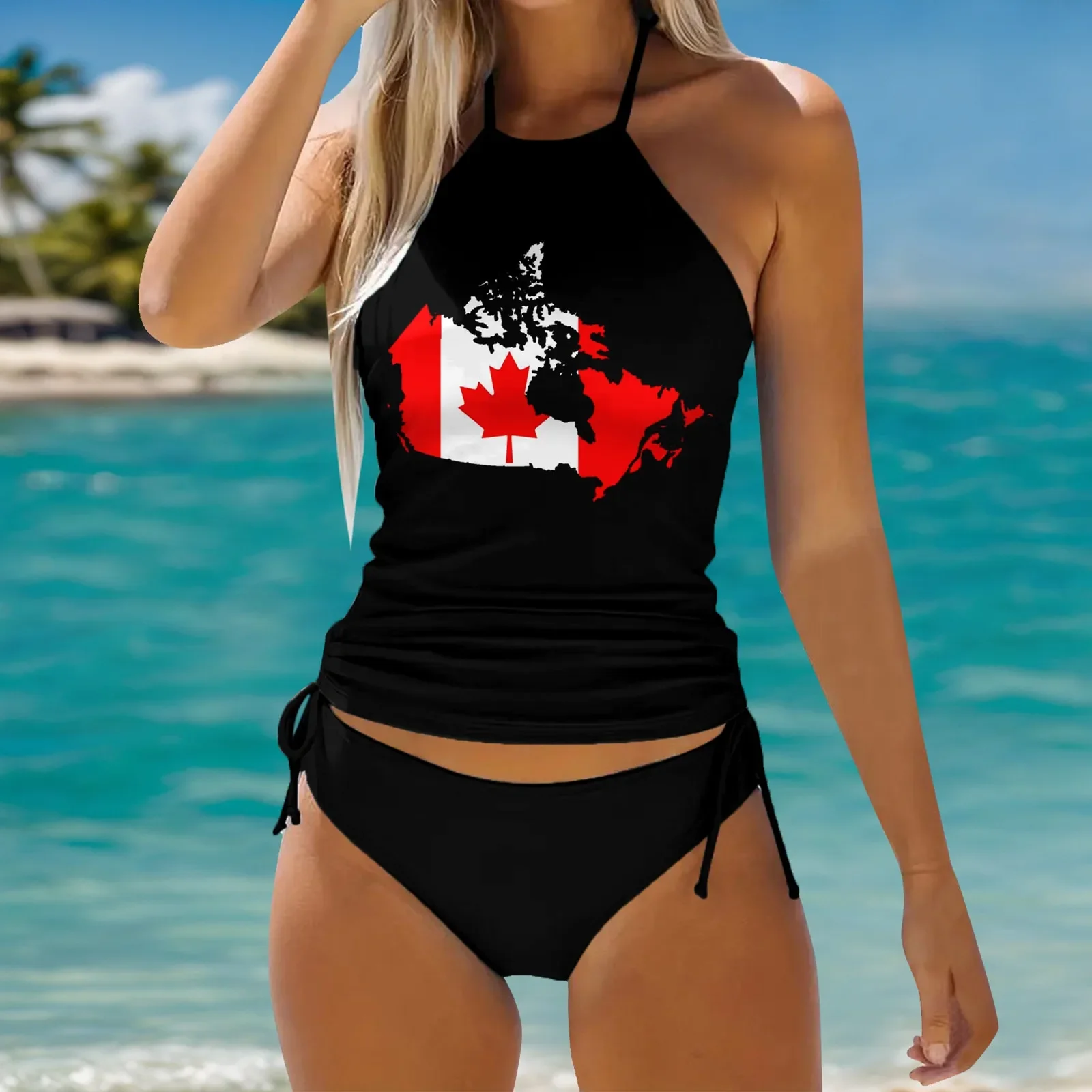 ملابس سباحة نسائية تانكيني 2024 موضة نسائية صيفية عصرية لعيد الاستقلال الكندي طباعة جزئية مثيرة Monatlici femensky 2025
