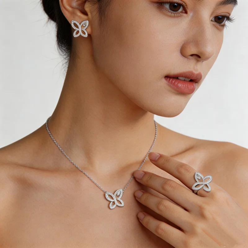 Elegant Style Necklace Earrings Rings Women Lady Inlay Full Cubic Zircon Openwork Butterfly Pendant Dinner Party Jewelry Sets