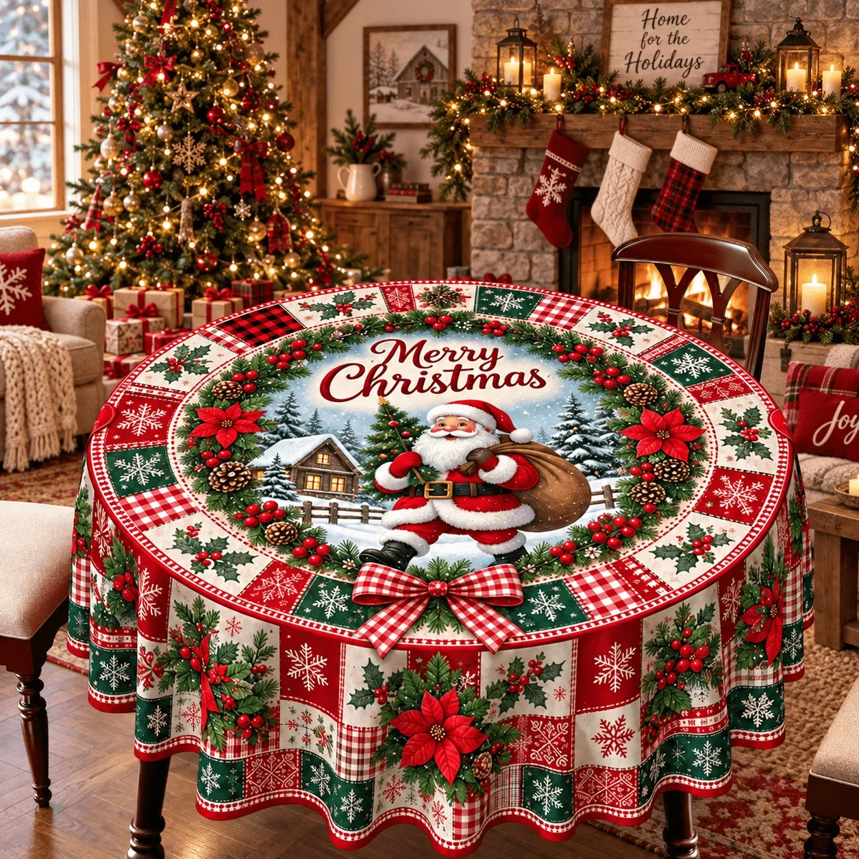Round tablecloth, Santa reindeer pattern, retro farmhouse style poinsettia bell table cover, woven surface