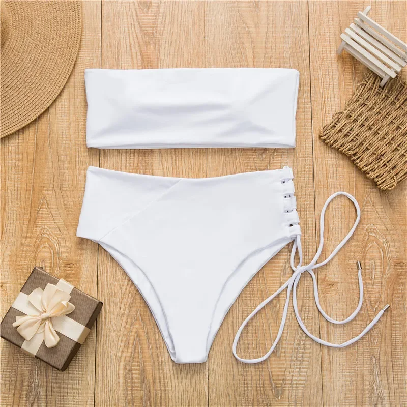 White push up swimsuit 2025 Summer beach sexy bikini set High Waist solid swimming suit for women swimwear Bandeau bathing suit