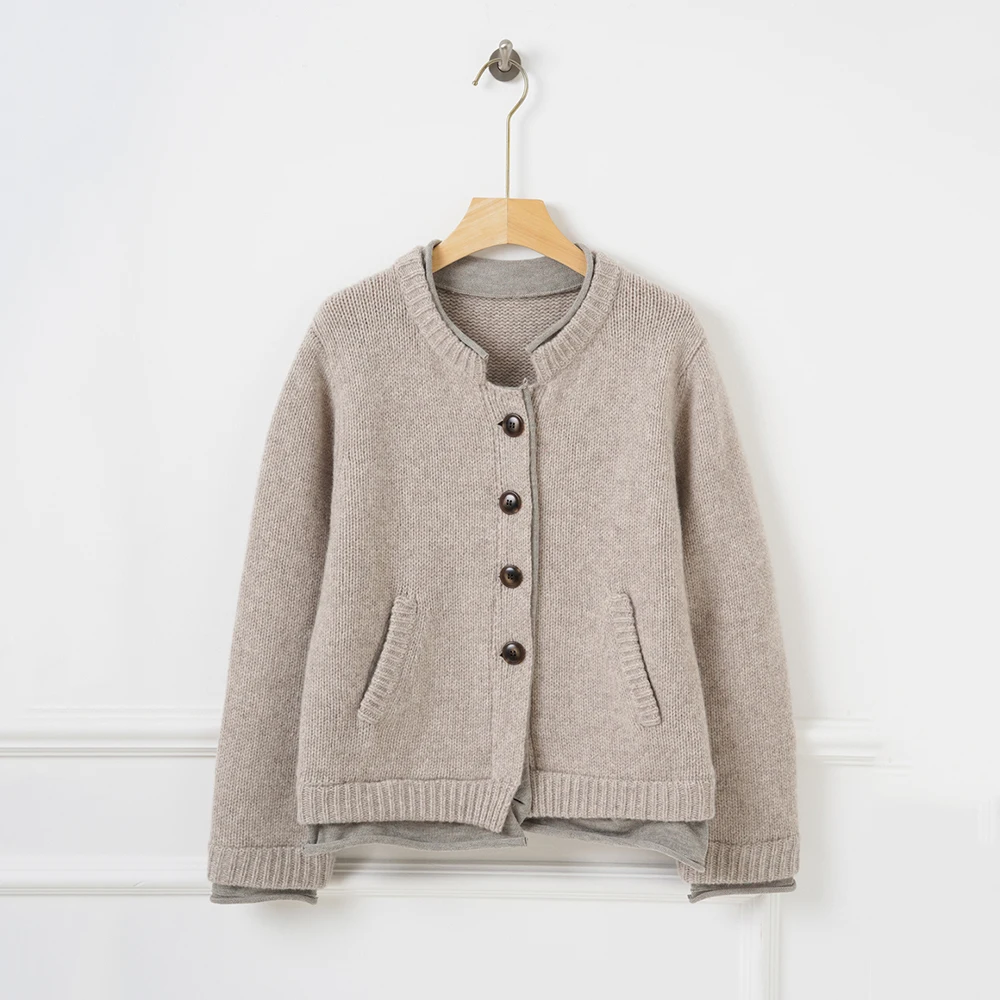

Women's Wool Blend Two-Piece Style Cardigan Y2K Rolled Hem Patchwork Warm Commuter Long-Sleeve Knit Top Sweater Fall 2025 New