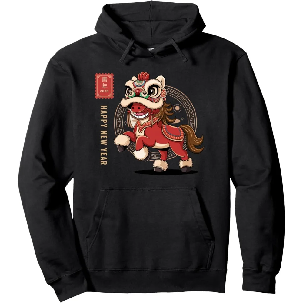 

Lion Dance Year of The Horse Unisex Clothing Chinese New Year Zodiac Horse Pullover Hoodie Men Women Fashion Sweatshirt