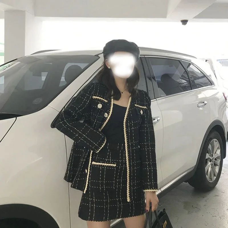 2024 New Autumn Wool Jacket Skirt Suits Women Black Tweed Outfits Female Fashion Loose Tweed Two Piece Skirts Set Streetwear