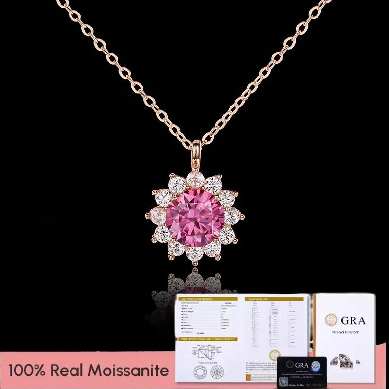 

925 Sterling Silver Fancy Round Pink 1 CT Moissanite Love Bouquet Pendant Necklace Exquisite Neck for Dance Party Luxury Women