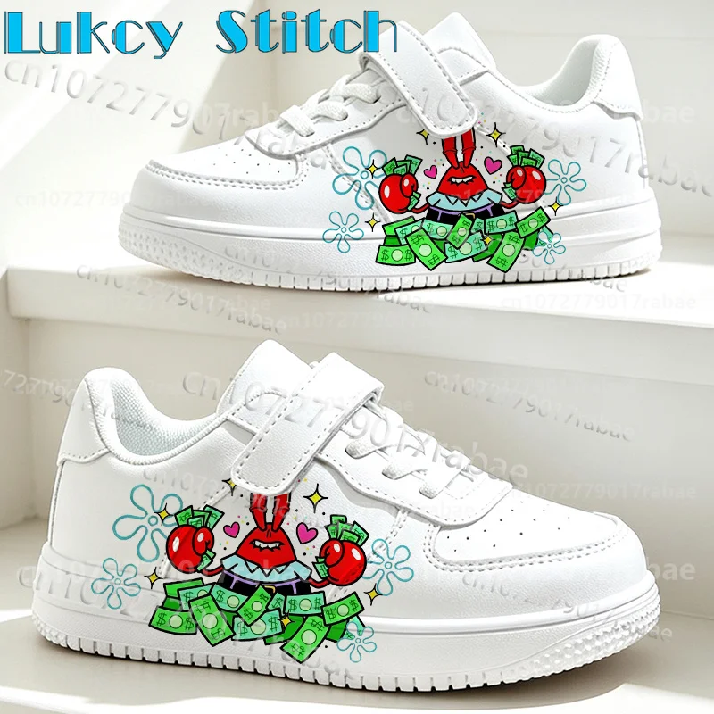 S-SpongeBobs Cartoon Figure Printed Mr. Krabs Boys Girls Youth Student White Sports Walking Series Shoes Gift for Him in Stock