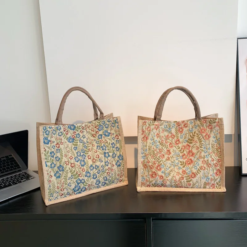 Vintage Floral Jacquard Jute Tote Bag Large Capacity Women Handbag Pastoral Style Canvas‑Burlap Top‑Handle Bag For Work Shopping