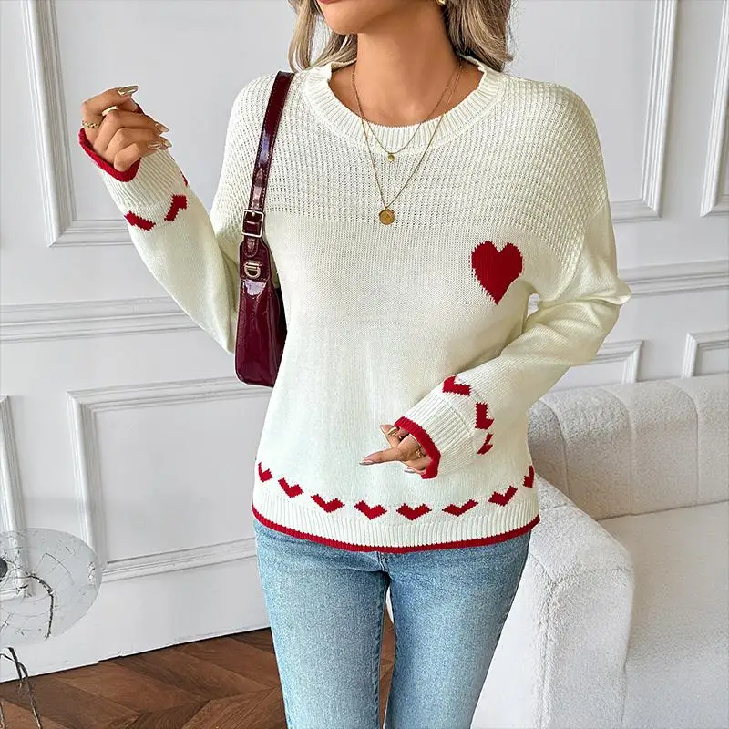 

Women's White Red Heart Decor Crew Neck Knitted Sweater Long Sleeve Autumn Winter Casual Daily Fashion Pullover