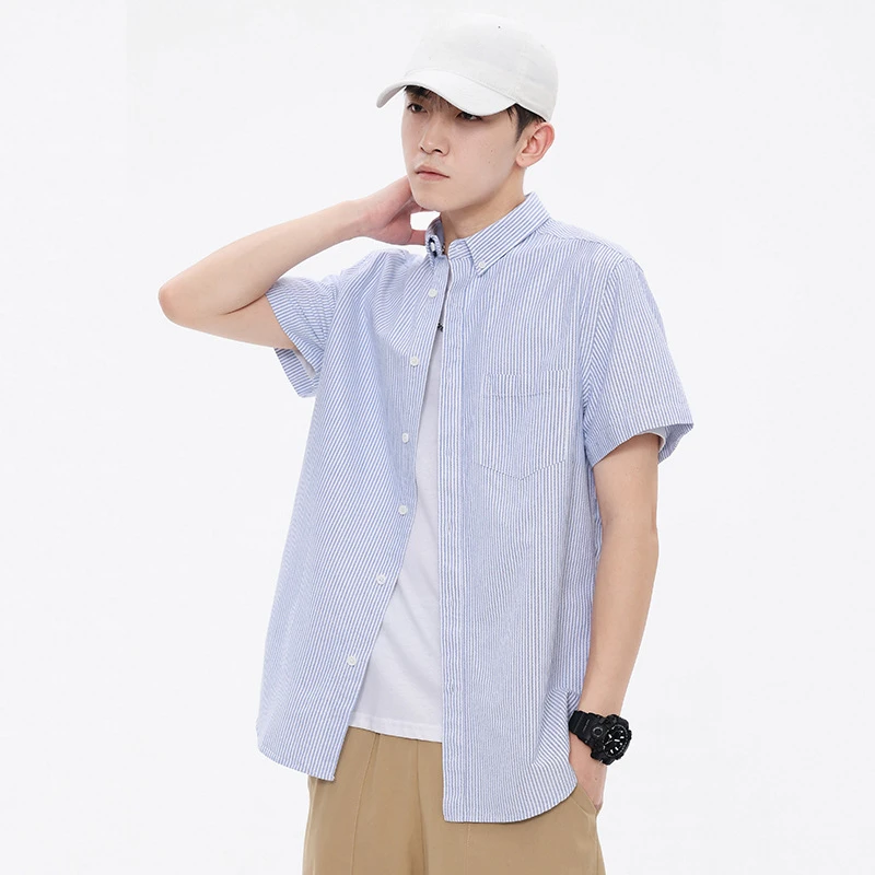 

100% Cotton Man Shirts Short Sleeved Cotton Casual Oxford Men Short Sleeved Shirt Solid Color Business Casual Pocket White Shirt