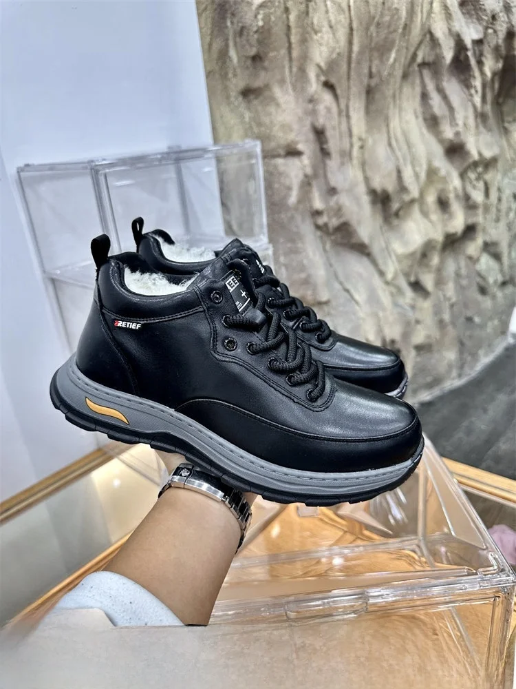 

Unbranded Men's Autumn Winter Leather Sport Casual Shoes Wool Blend Inner Genuine Leather Versatile Comfortable Sneakers