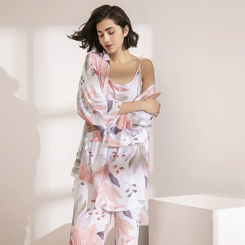 SPRING FALL Ladies Sleepwear Floral Printed HOT SELLING 3Pcs Soft Pajama Set For Pink Leaves Cardigan+Camisole+Pants Homewear