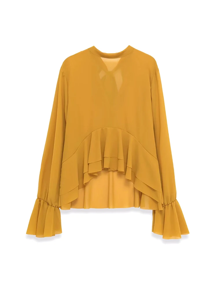 Camicetta asimmetrica semitrasparente chic da donna Camicie femminili alla moda sexy a maniche lunghe con fiocco sul retro