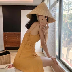 French The Pointed Top Natural Wheat Straw Sun Hats Womens Retro Pastoral Straw Hat Seaside Vacation Lace-up Big Brim Beach Hat