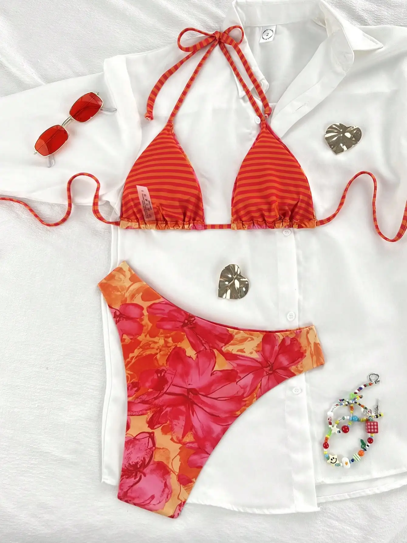 Tropical Floral Halter Neck Backless Bikini Set For Beach Vacation Summer Rave