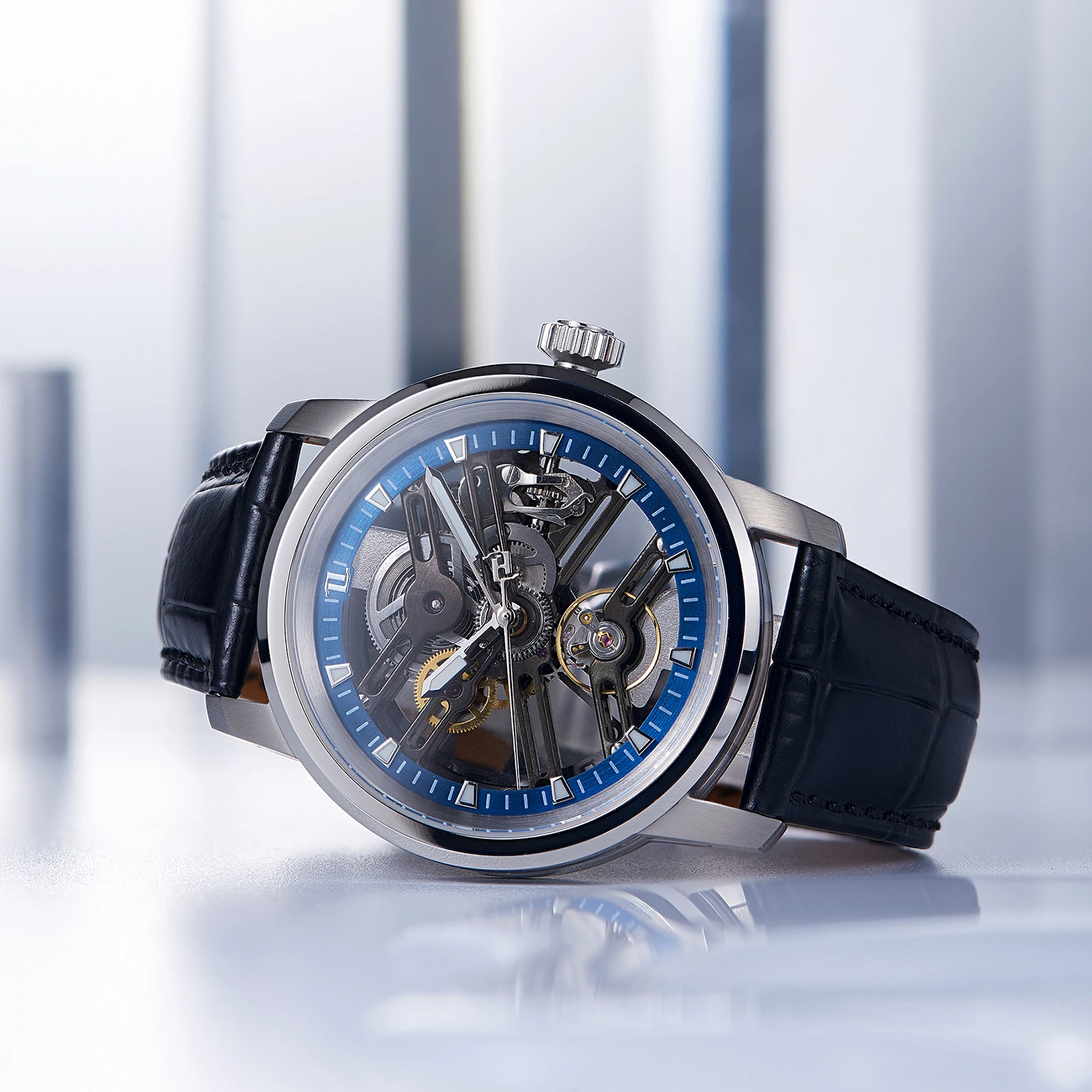 OBLVLO New Hollow-out Transparent Mechanical Automatic Men Watch Blue Skeleton Dial Leather Strap Luminous Classic Watches KM-S