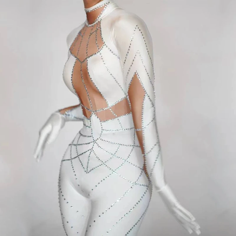 Traje de Drag Queen, mono blanco y verde con diamantes de imitación, guantes, disfraz de baile Gogo Sexy, club nocturno de Halloween Ds Dj, ropa Rave para escenario 7648