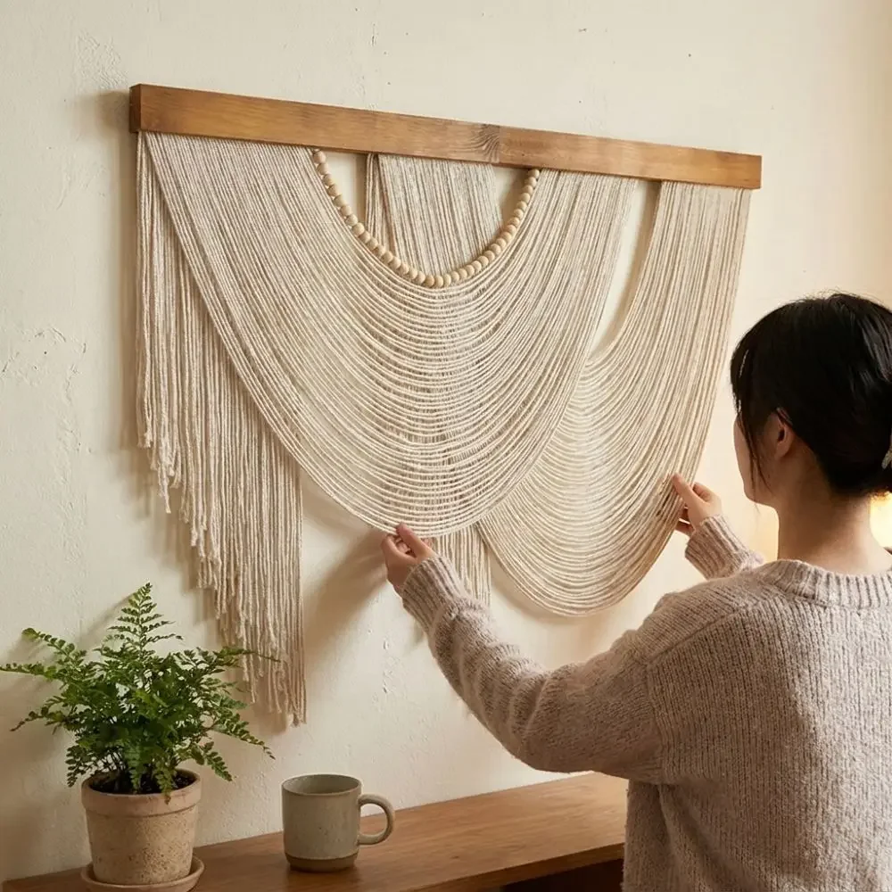 Wooden Bohemian Wall Decor ，Art Hand-Woven Macrame ，Hanging Cozy Handmade Aesthetic and Hanging Pendant Household