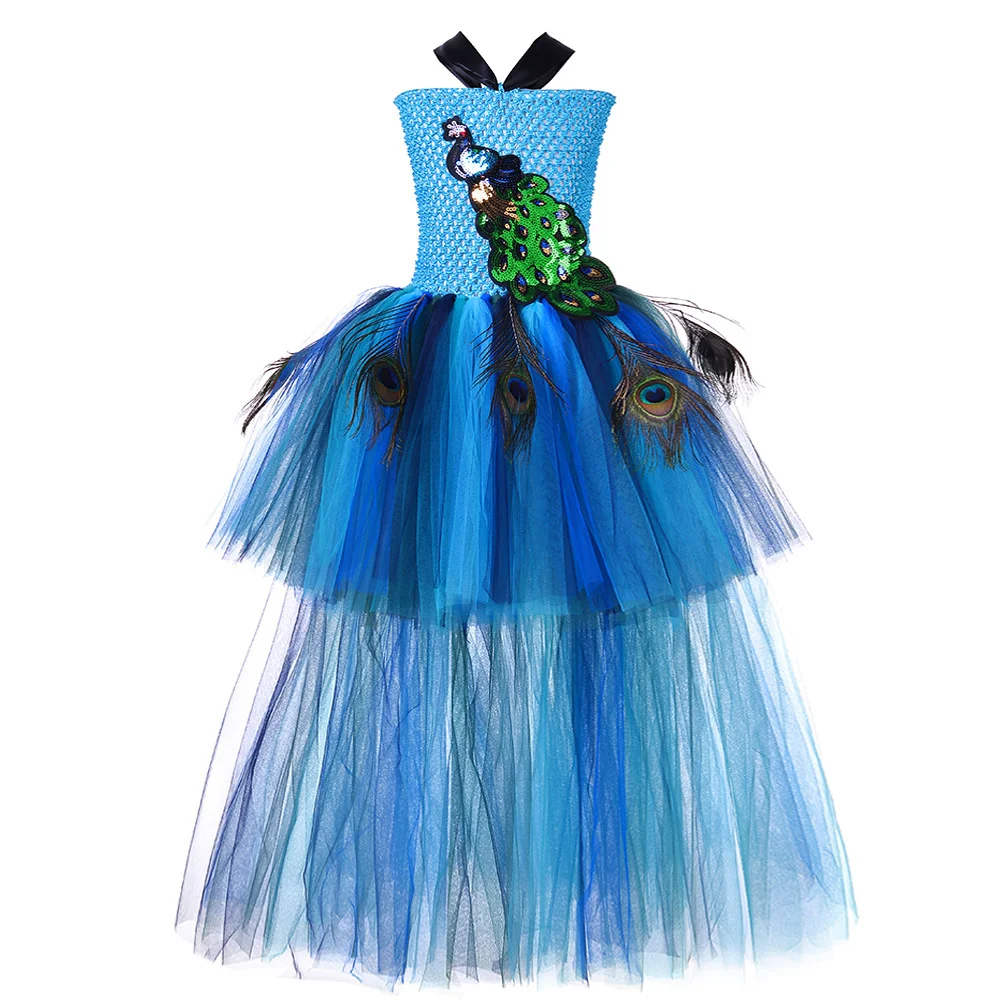 High Low Peacock Trailing Dresses for Girls Christmas Halloween Costumes Kids Birthday Evening Party Fancy Tutus with Long Tail