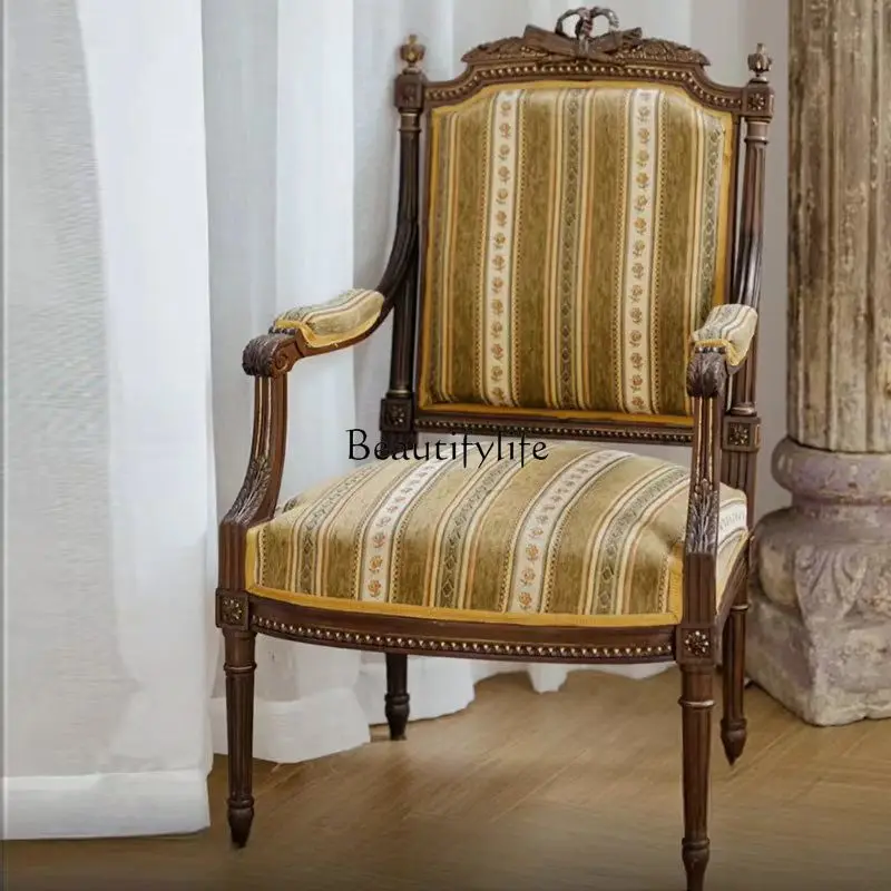 

French retro solid wood carving flower living room book chair medieval high back American style