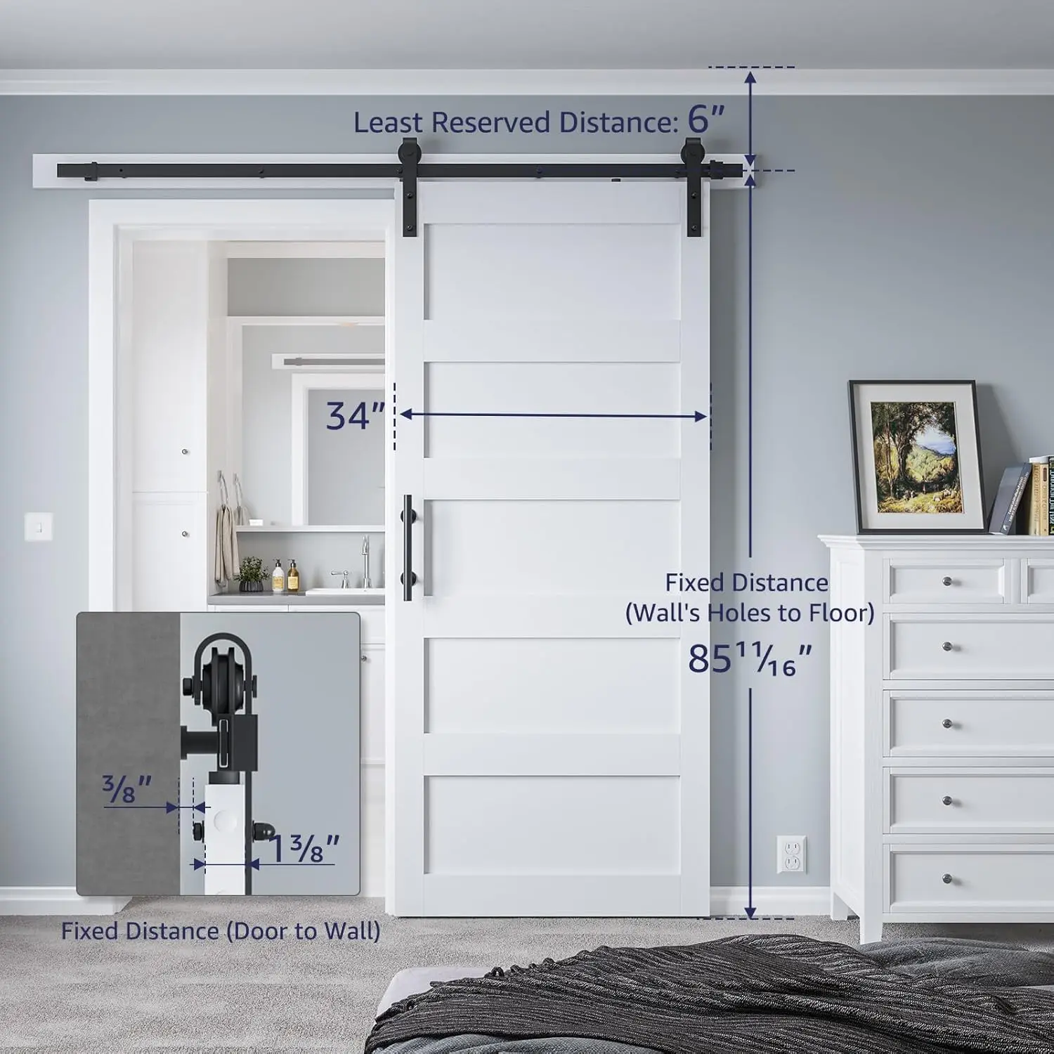 Handle, Pre-Drilled Holes Easy Assembly -Solid Barn Door Slab Covered with Water-Proof PVC Surface, White, 5 Panel