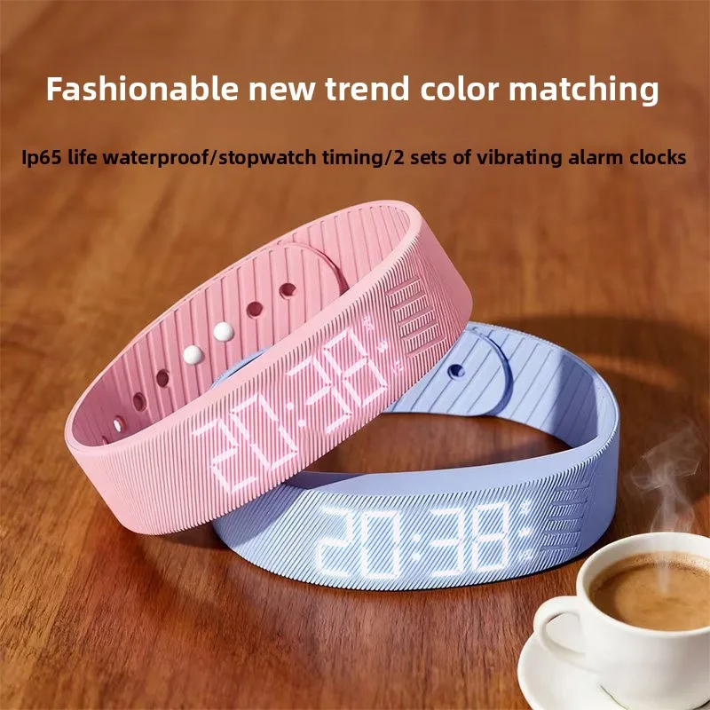 LED Digital Alarm Clock Watch Adjustable Silicone Snooze-proof Alarm Bracelet with Running Pedometer Waterproof Vibrating Alarm