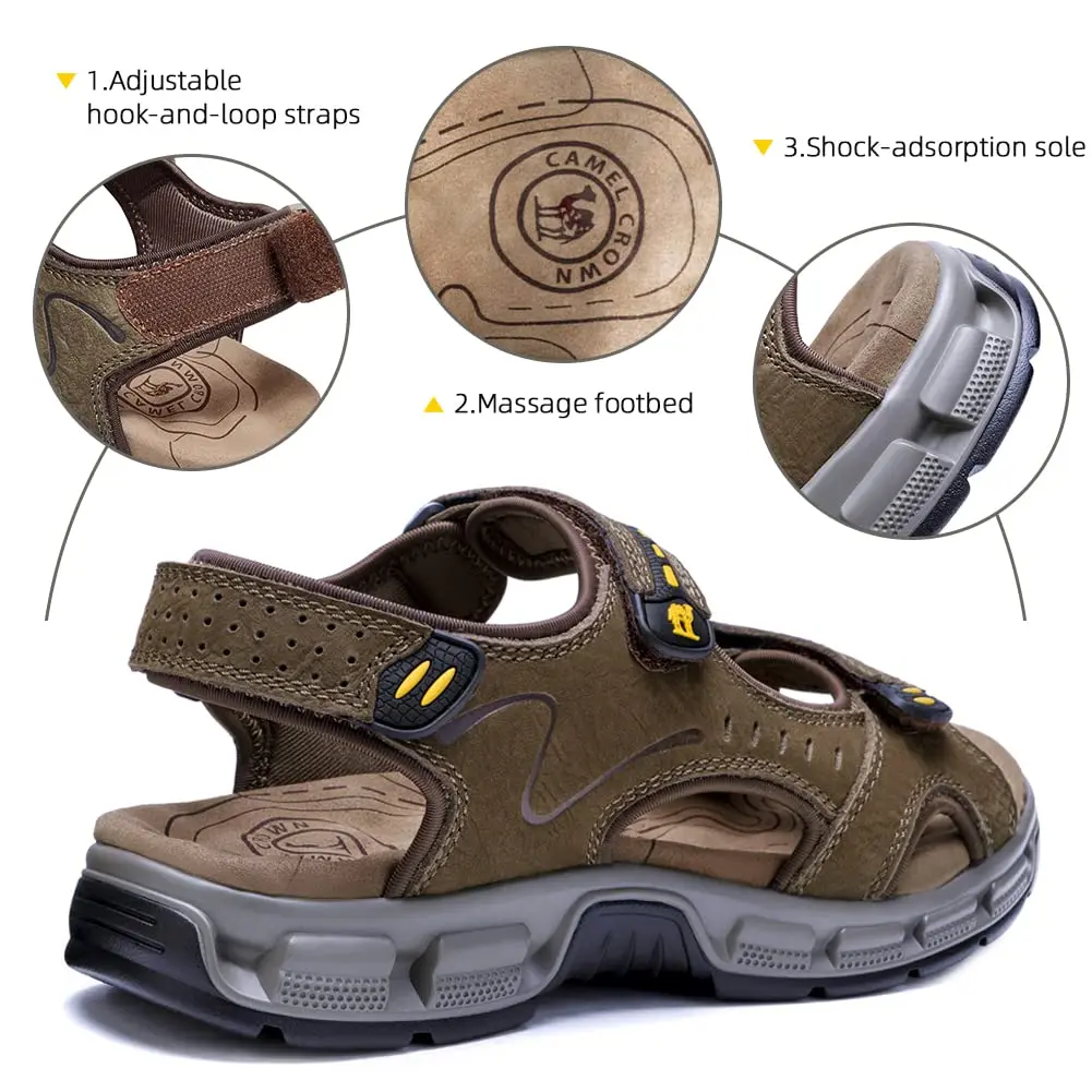 GOLDEN CAMEL Men\'s Leather Hiking Sandals Outdoor Water Beach Sports Sandal for Men Summer Air Cushion Adjustable Strap Athletic