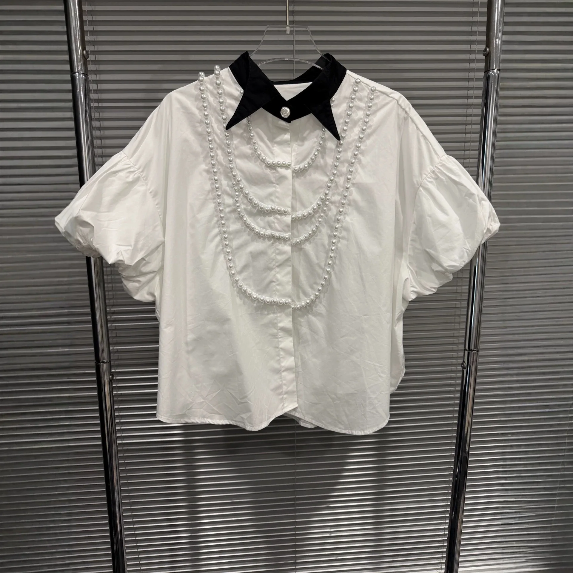 

2026 Summer Women French Elegant Shirt Heavy Beaded Lantern Sleeve Single Breasted Loose Casual All Match Blouse