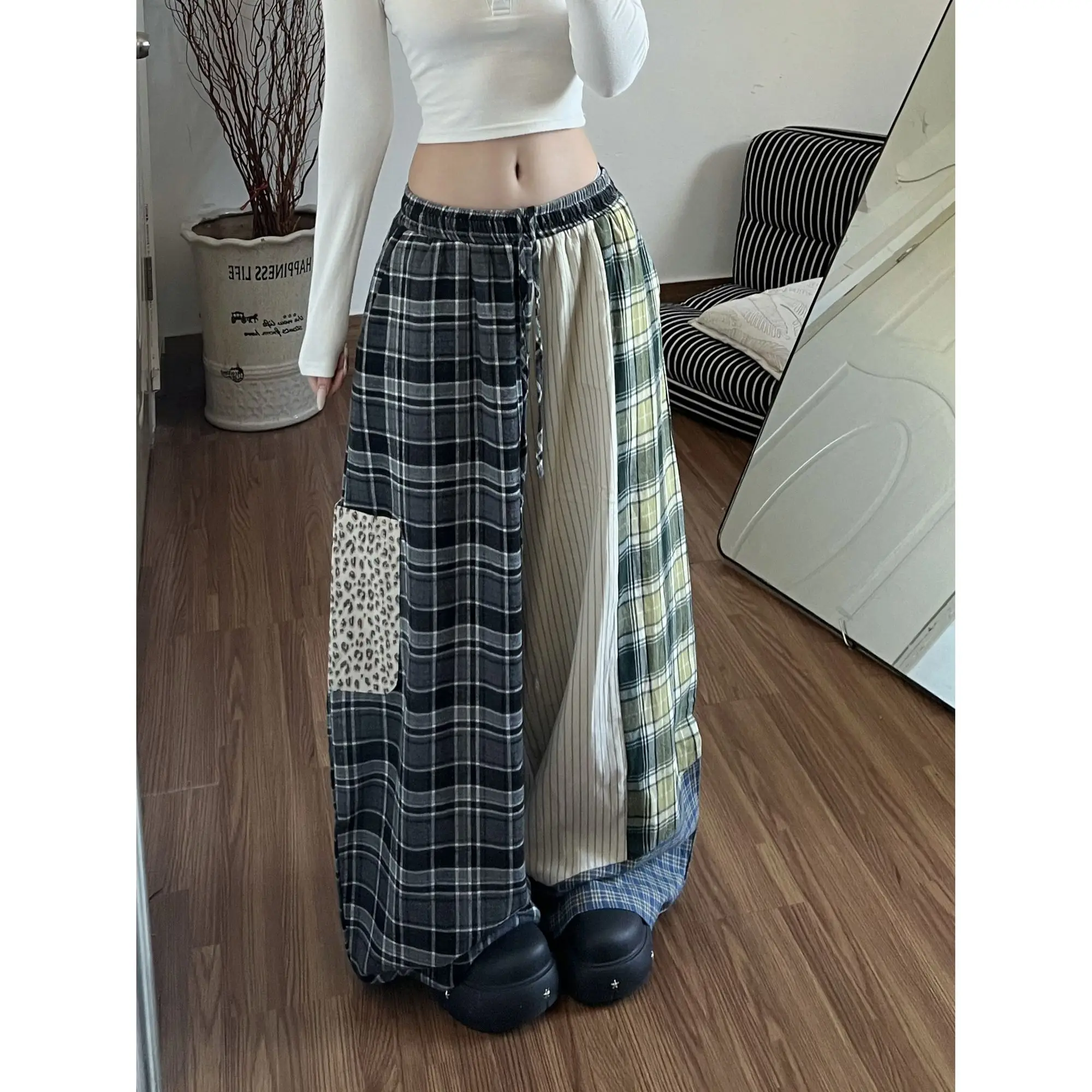 Japan Patchwork Checkered Wide-leg Women's Summer Lightweight High-waisted Elastic Waist Vintage Lazy Floor-length Pants