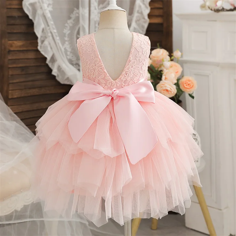 Flower Girls Dress 2-6 Yrs Backless Lace Girls Princess Dresses Sleeveless Wedding Birthday Party Evening Gown Baby Summer Dress