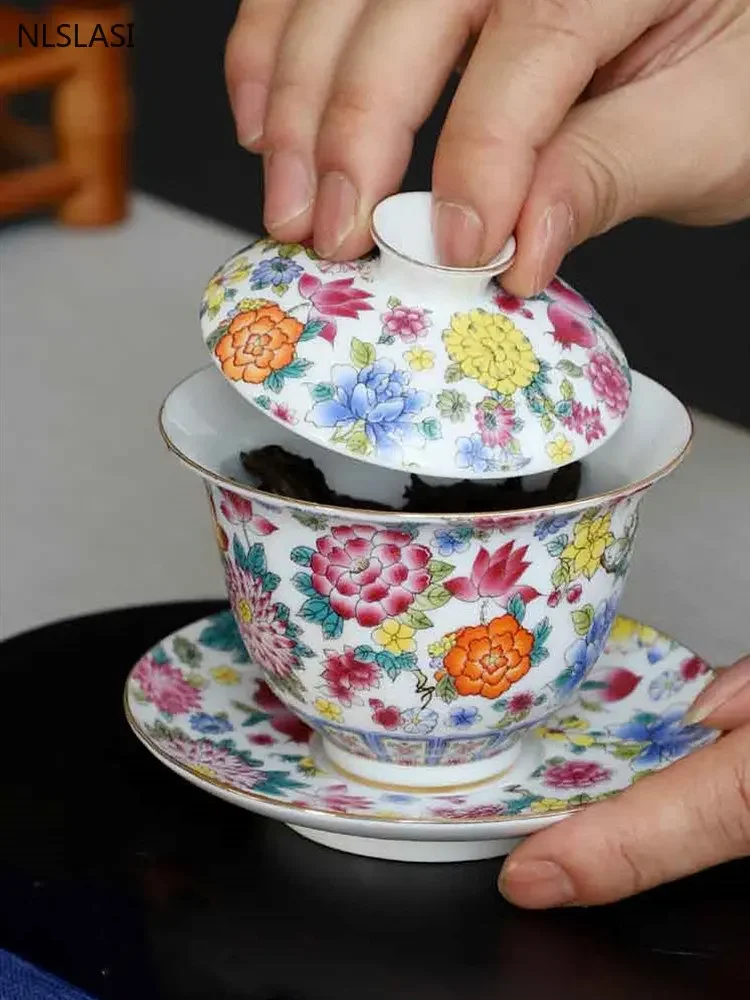 

170/150 Ml Enamel Color Ceramics Gaiwan Tea Cup Chinese Tea Cups with Lid Hand Drawing Lotus Porcelain Tea Infuser Drinkware