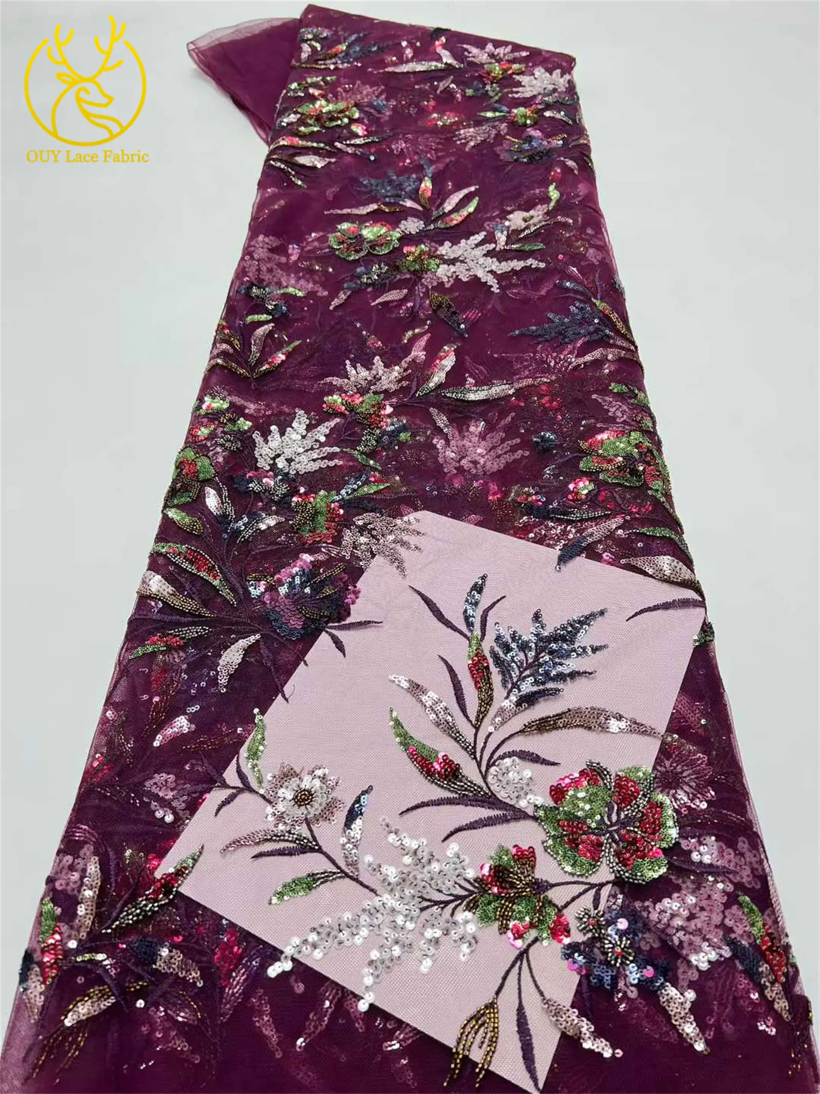 Neuester mit Pailletten bestickter Spitzenstoff 2026 Hochwertiger nigerianischer Perlen-Spitzenstoff, geeignet für Damen-Hochzeitskleider, 5 Yards – Detail 3