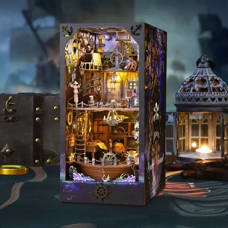 Miniatures Magic Pirate Ship Bookshelf Home Bookend Decoration Retro DIY Wooden Book Nook Shelf Insert